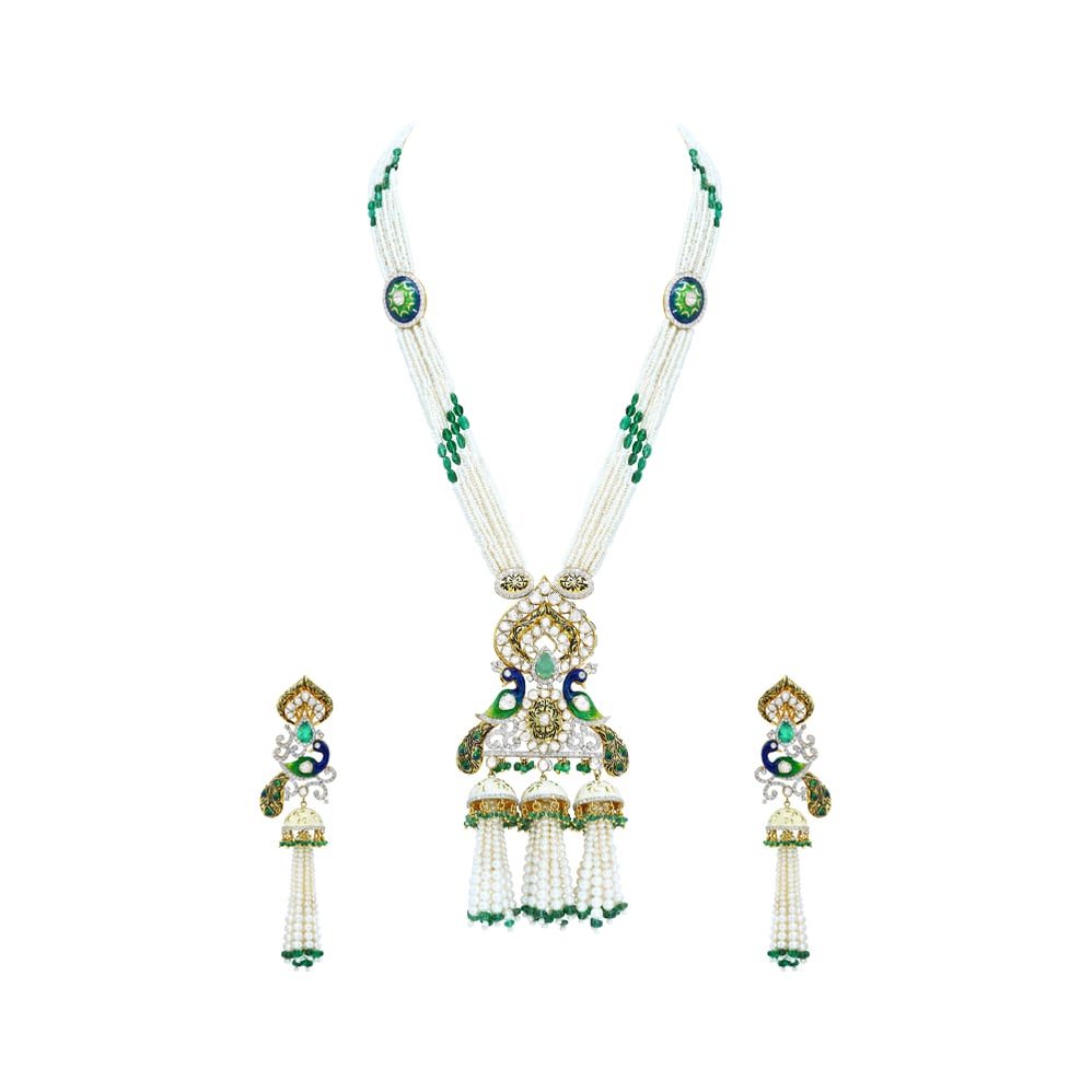 Pearl and Emerald Necklace Set with Polki and Peacock Motifs
